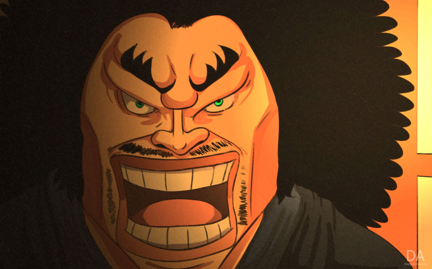 1boy, afro, artist_name, black_hair, dieguinsenpai, facial_hair, green_eyes, highres, looking_at_viewer, male_focus, mustache, one_piece, open_mouth, shimotsuki_yasuie, signature, solo, spanish_commentary, teeth, thick_eyebrows, v-shaped_eyebrows