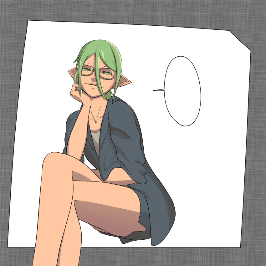 1girl, bare_legs, blank_speech_bubble, closed_mouth, crossed_legs, elf, english_commentary, glasses, green_eyes, green_hair, hair_between_eyes, hand_on_own_chin, highres, laddieo, pointy_ears, ryuu_to_yuusha_to_haitatsunin, semi-rimless_eyewear, simple_background, sitting, solo, speech_bubble, under-rim_eyewear, yoshida_(ryuu_to_yuusha_to_haitatsunin)