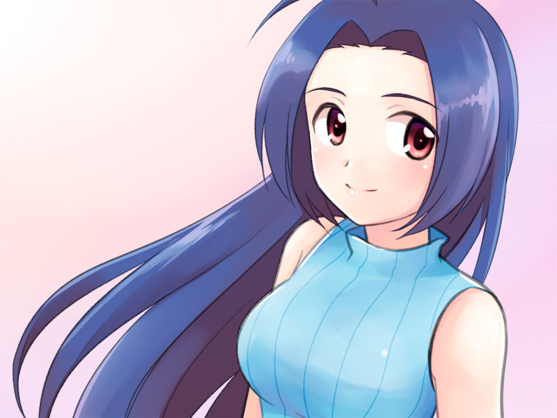 blue_hair, idolmaster, inusaki, long_hair, miura_azusa, red_eyes, smile, solo, turtleneck