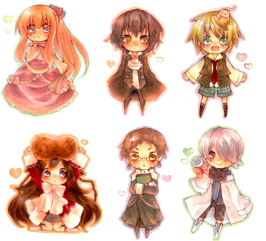 black_hair, blonde_hair, blush, book, boots, brown_hair, butterfly_step, cat, chibi, dress, emily_(pandora_hearts), flower, food, formal, gilbert_nightray, glasses, green_eyes, hair_over_one_eye, highres, liam_lunettes, long_hair, oz_vessalius, pandora_hearts, ponytail, purple_eyes, red_eyes, ribbon, sharon_rainsworth, short_hair, silver_hair, smile, very_long_hair, violet_eyes, xerxes_break, yellow_eyes
