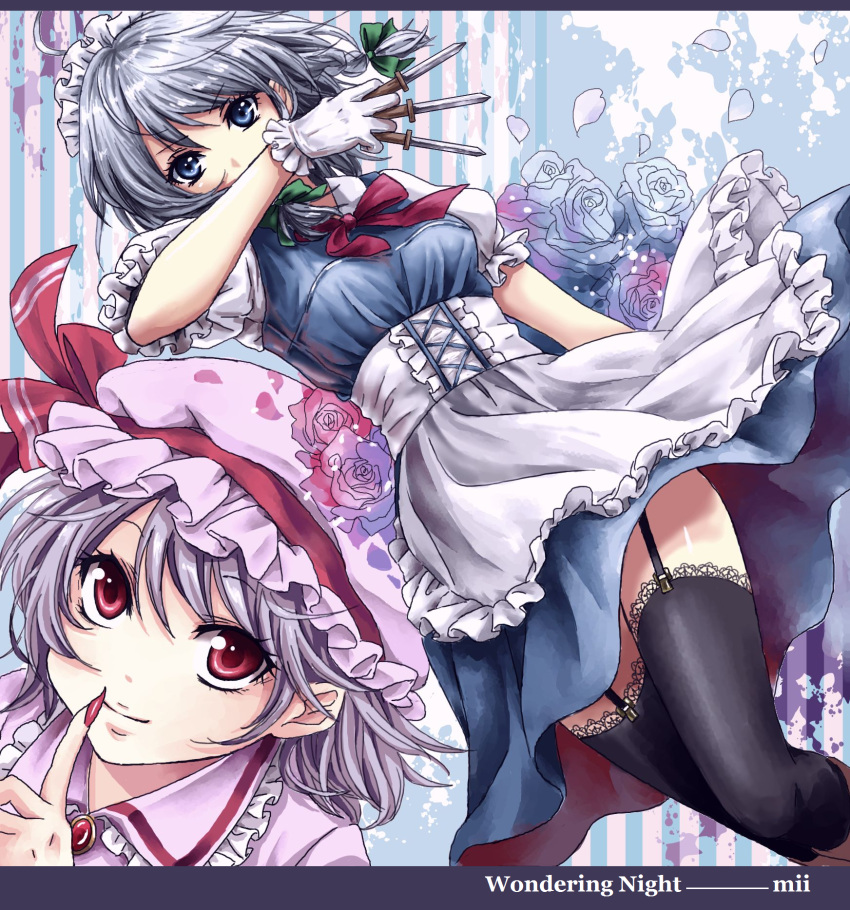 2girls, apron, artist_name, between_fingers, black_thighhighs, blue_background, blue_eyes, blue_skirt