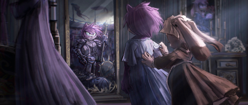 2girls, alternate_costume, alternate_universe, amy_rose, animal_ears, animal_nose, armor, blurry