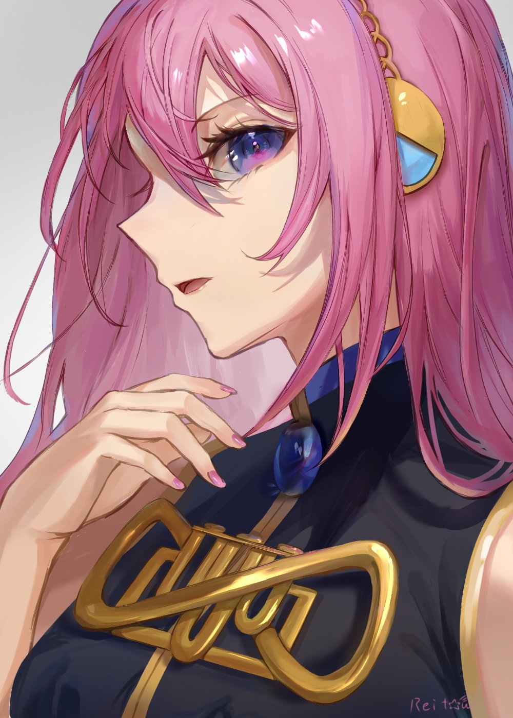 1girl, bare_arms, bare_shoulders, black_vest, blue_eyes, commentary_request, eyelashes, from_side, gold_trim, gradient_background, hair_between_eyes, hand_up, headset, highres, long_hair, looking_at_viewer, megurine_luka, open_mouth, pink_hair, pink_nails, profile, reitou, solo, turtleneck, upper_body, vest, vocaloid
