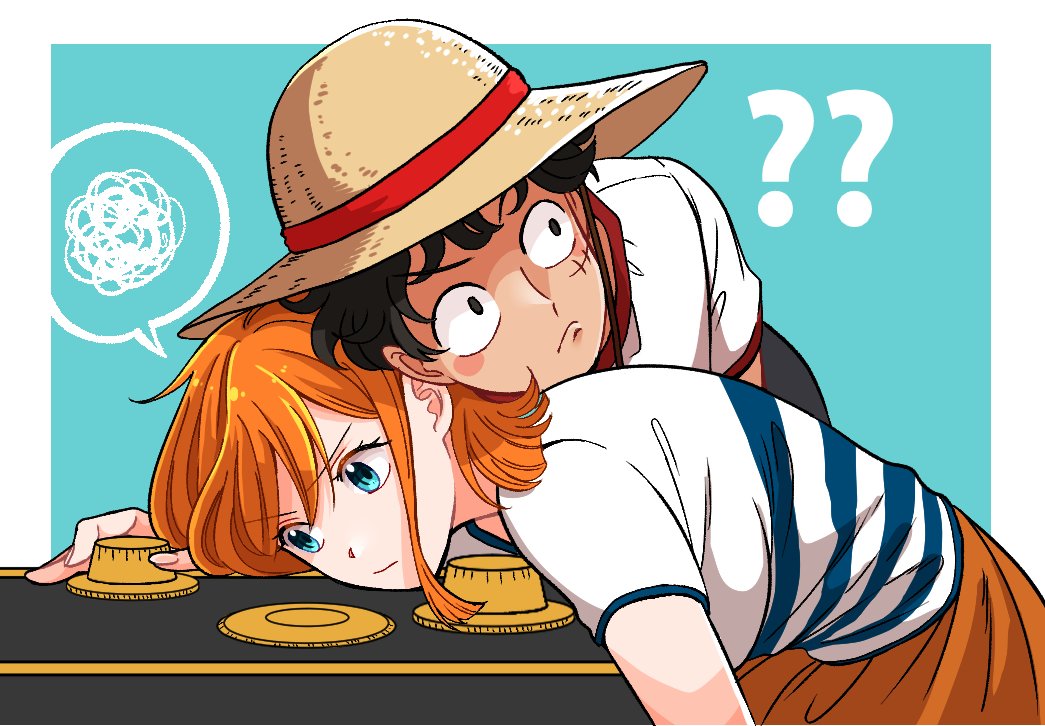 1boy, 1girl, ?, ??, black_eyes, black_hair, blue_eyes, blush_stickers, border, closed_mouth, commentary_request, hat, heads_together, monkey_d._luffy, mugicha_(zoro1132), nami_(one_piece), one_piece, one_piece_(live_action), orange_hair, orange_skirt, outside_border, safe_(container), scar, scar_on_cheek, scar_on_face, shirt, short_hair, short_sleeves, single_sidelock, skirt, speech_bubble, spoken_squiggle, squiggle, straw_hat, white_border, white_shirt, yellow_headwear