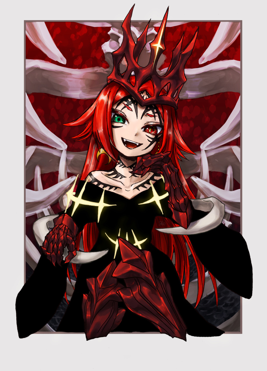 absurdres, bare_shoulders, black_dress, crimson_(ragna_crimson), crown, dress, earrings, fangs