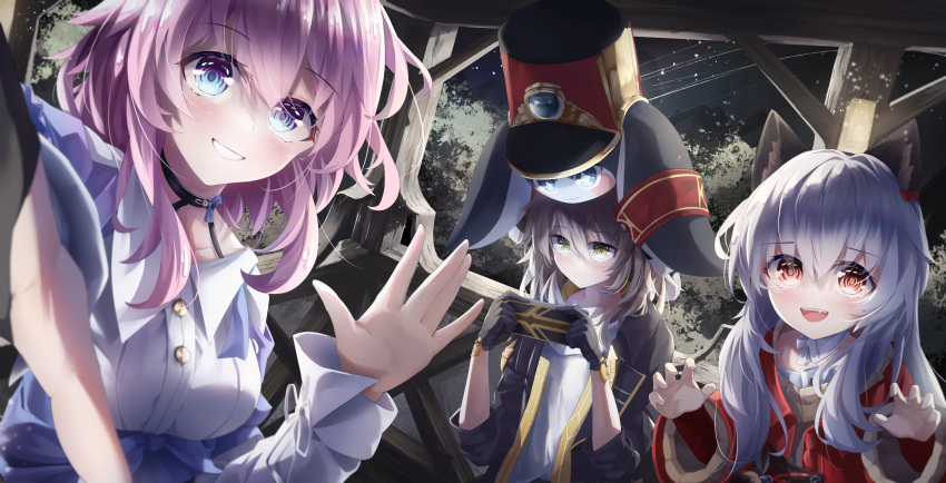 1other, 3girls, absurdres, animal_ear_fluff, animal_ears, black_choker, black_gloves, black_jacket