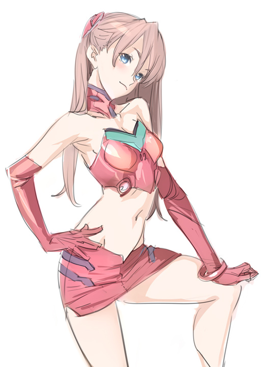 bare_shoulders, blue_eyes, brown_hair, choker, elbow_gloves, gloves, hand_on_hip, head_tilt