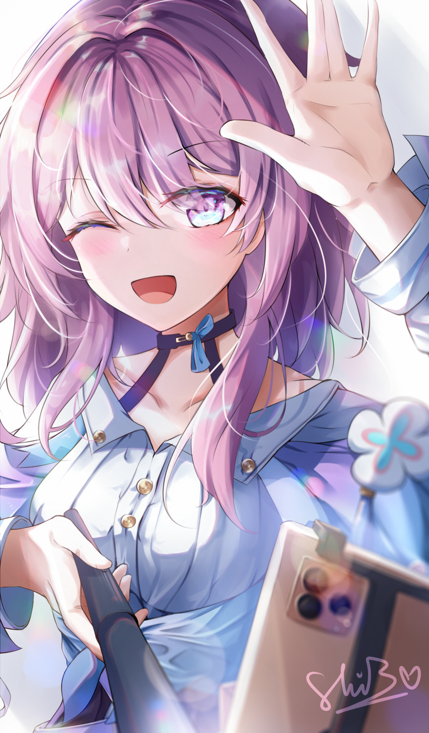 1girl, \||/, absurdres, black_choker, black_corset, blue_eyes, blue_jacket, blush