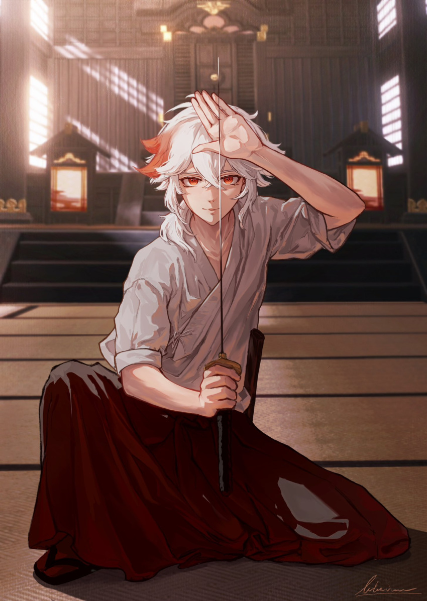 1boy, arm_up, artist_name, blurry, blurry_background, closed_mouth, commentary, crossed_bangs