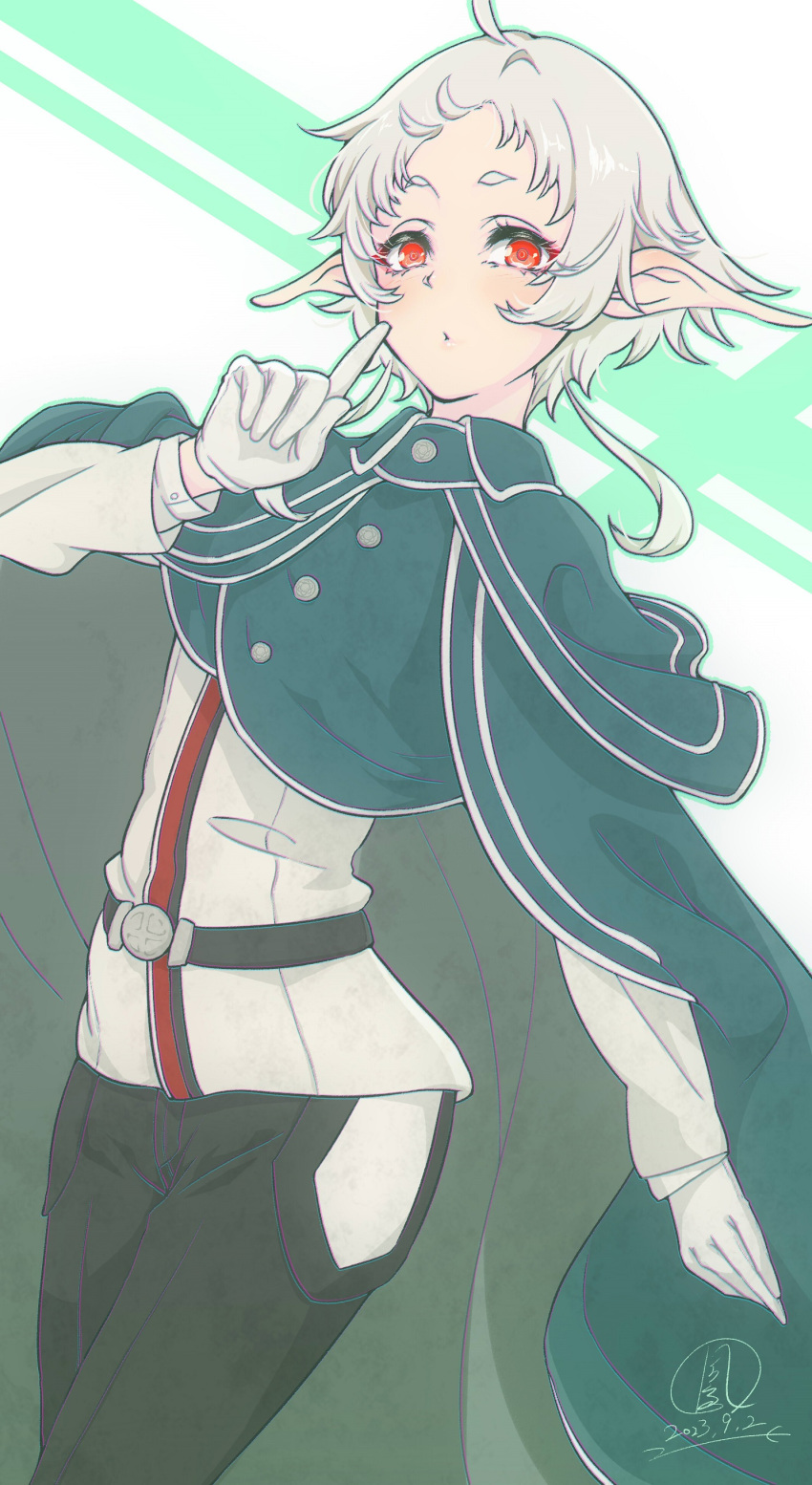 1girl, absurdres, black_pants, cloak, elf, gloves, green_cloak, hand_up