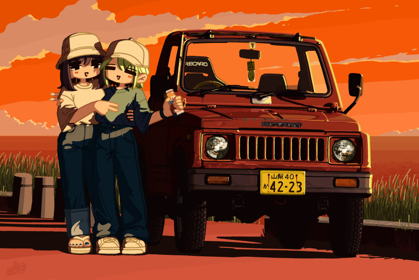 2girls, =_=, baseball_cap, black_pants, blue_nails, blue_pants, blush, brown_footwear