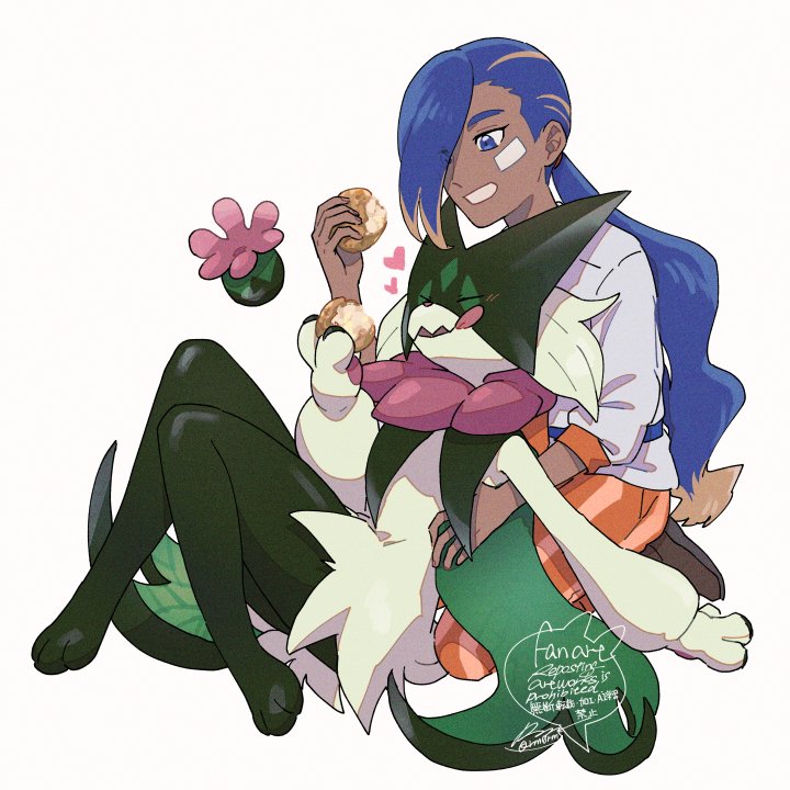 1boy, aliquis_(pokemon), bandaid, bandaid_on_face, blue_eyes, blue_hair, brown_footwear, commentary_request