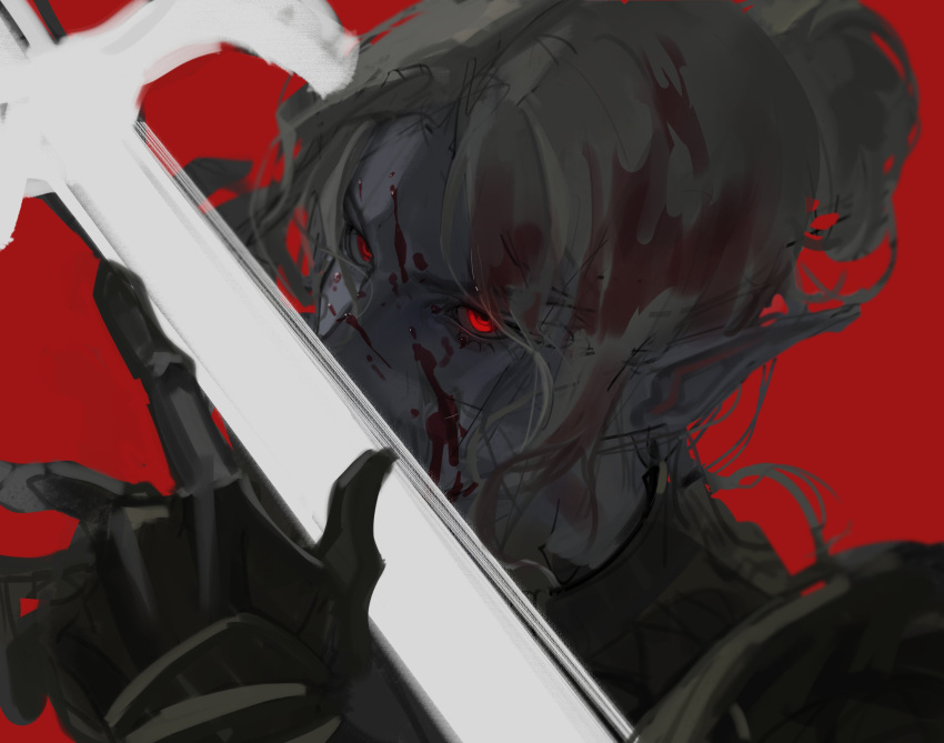 1girl, baldur's_gate, baldur's_gate_3, black_gloves, blonde_hair, blood, blood_in_hair, blood_on_face