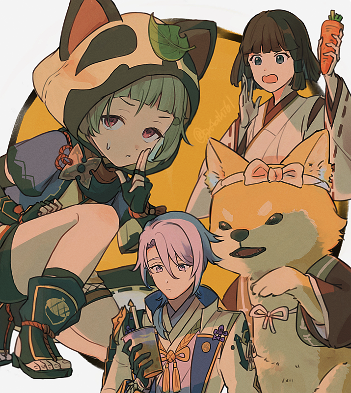1boy, 2girls, animal_ears, animal_hood, arm_up, armor, artist_name, black_eyes, black_gloves, black_shorts, blue_hair, blunt_bangs, bow, brown_hair, bubble_tea, carrot, closed_mouth, cup, disposable_cup, dog, drinking_straw, fake_animal_ears, fingerless_gloves, fishnets, food, genshin_impact, gloves, gn4othi61, grey_hair, hair_between_eyes, hand_up, hime_cut, holding, holding_cup, holding_food, hood, hood_up, jacket, japanese_armor, japanese_clothes, kamisato_ayato, kano_nana, kimono, lapels, leaf, leaf_on_head, long_sleeves, looking_at_viewer, miko, multiple_girls, on_one_knee, open_clothes, open_jacket, open_mouth, parted_bangs, parted_lips, raccoon_ears, ribbon-trimmed_sleeves, ribbon_trim, rope, sayu_(genshin_impact), shiba_inu, short_hair, short_shorts, shorts, shoulder_armor, shuriken, sidelocks, simple_background, sode, sweatdrop, swept_bangs, taroumaru_(genshin_impact), tassel, toes, twitter_username, v-shaped_eyebrows, violet_eyes, weapon, white_background, white_bow, white_jacket, white_kimono, wide_sleeves, yellow_background