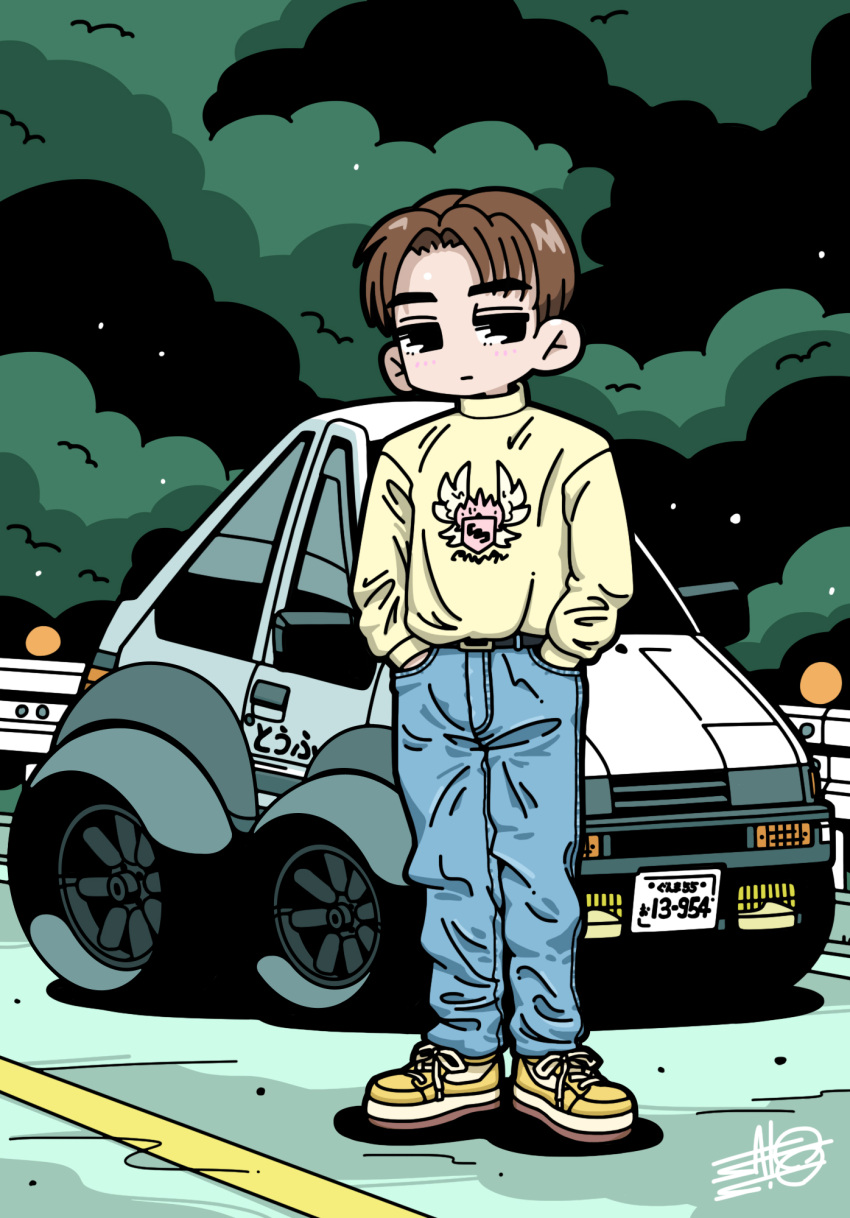 1boy, belt, black_belt, black_eyes, blue_pants, brown_hair, car, chibi, choro-q, denim, derivative_work, expressionless, forest, fujiwara_takumi, fujiwara_takumi's_toyota_trueno_ae86, hair_behind_ear, hands_in_pockets, highres, initial_d, jeans, license_plate, looking_to_the_side, male_focus, motor_vehicle, nature, pants, parody, parted_bangs, road, satosio, shoes, signature, sneakers, solo, style_parody, sweater, toyota, toyota_sprinter_trueno, yellow_footwear, yellow_sweater