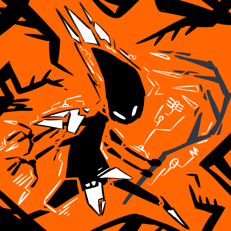 1other, abstract, black_skin, blank_eyes, collector_(hollow_knight), colored_skin, commentary, extra_arms, full_body, holding, holding_staff, hollow_knight, legs_apart, orange_background, orange_theme, other_focus, sakana_2-gou, solo, staff, standing, white_eyes