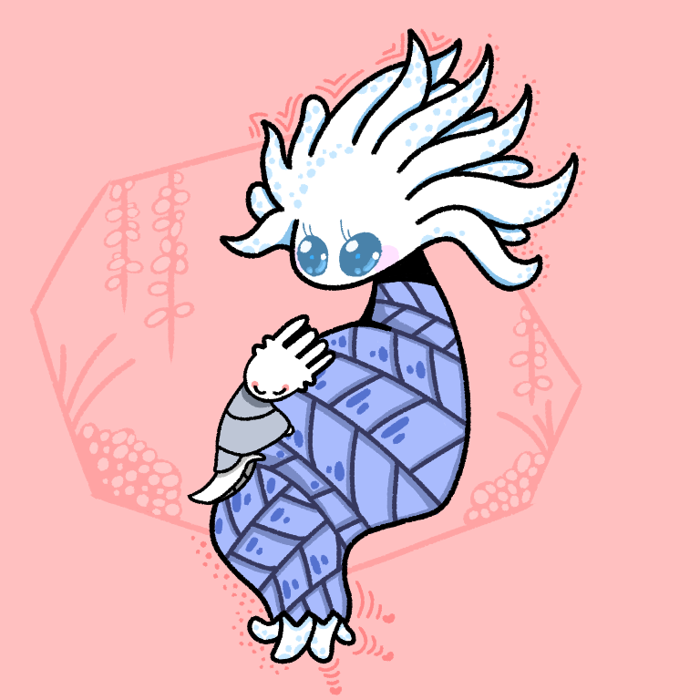 1boy, 1girl, arthropod_boy, blue_cloak, blue_eyes, blush, blush_stickers, cloak, closed_eyes, colored_skin, commentary, full_body, grey_cloak, heart, hollow_knight, hug, monster_girl, pale_king_(hollow_knight), pink_background, plant_girl, sakana_2-gou, sitting, size_difference, u_u, white_hair, white_lady_(hollow_knight), white_skin
