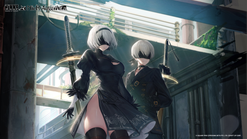 1boy, 1girl, 2b_(nier:automata), 9s_(nier:automata), absurdres, black_blindfold, black_dress, black_gloves
