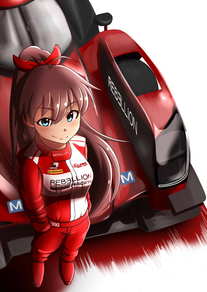 1girl, blue_eyes, blush, boots, bow, breasts, brown_hair, car, copyright_name, floating_hair, from_above, ganaha_hibiki, hair_bow, hand_in_pocket, idolmaster, idolmaster_(classic), jumpsuit, le_mans_prototype, looking_at_viewer, looking_up, medium_breasts, motion_lines, motor_vehicle, race_vehicle, racecar, racing_suit, rebellion_r-one, rebellion_racing, red_bow, red_footwear, red_jumpsuit, smirk, white_background, world_endurance_championship, yanparap