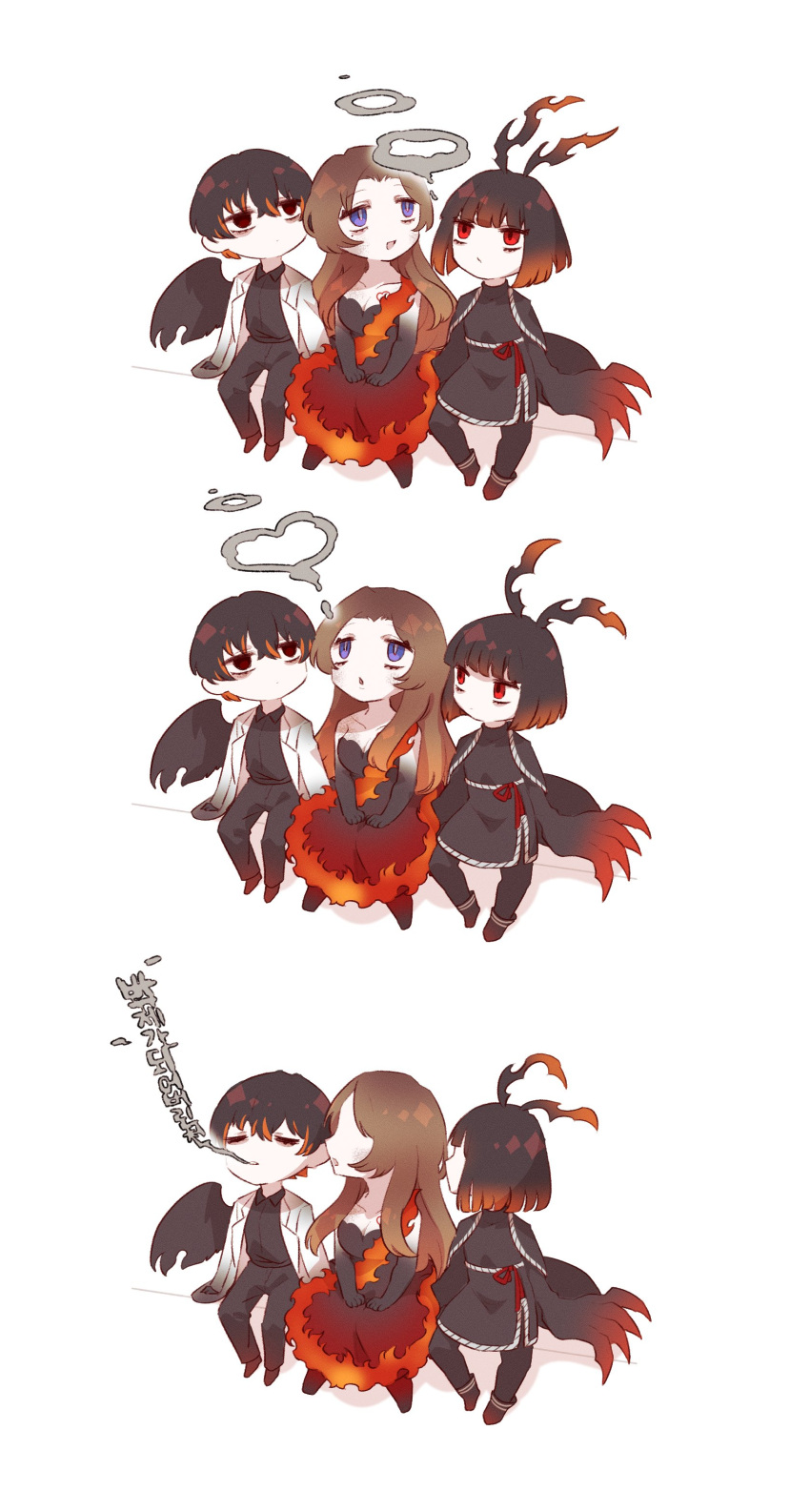 1boy, 2girls, absurdres, antennae, black_dress, black_eyes, black_footwear, black_hair