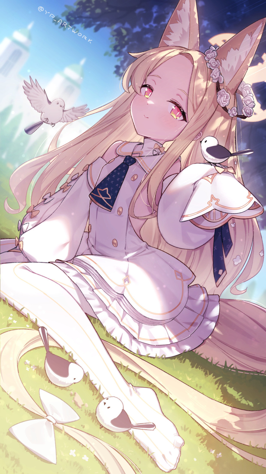 1girl, absurdly_long_hair, animal_ear_fluff, animal_ears, arm_support, bare_shoulders, bird, bird_on_hand