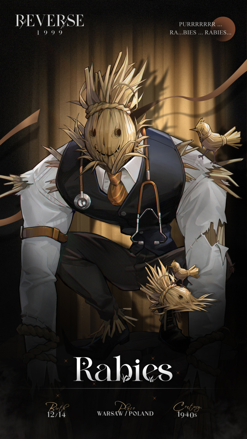 1boy, animal_on_shoulder, arm_belt, belt, bird, bird_on_shoulder, black_footwear, black_pants, black_vest, brown_background, brown_belt, character_name, closed_mouth, collared_shirt, copyright_name, curtains, dark, diagonal-striped_necktie, english_text, highres, logo, looking_at_viewer, male_focus, necktie, official_art, orange_necktie, pants, rabies_(reverse:1999), reverse:1999, rope, scarecrow, shirt, smile, solo, spotlight, spread_legs, squatting, stethoscope, stitched_mouth, stitches, torn_clothes, torn_shirt, vest, waistcoat, white_shirt