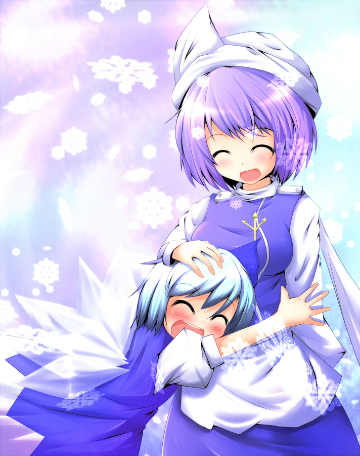 2girls, blue_hair, cirno, closed_eyes, glomp, hand_on_head, happy, hiro_(pqtks113)