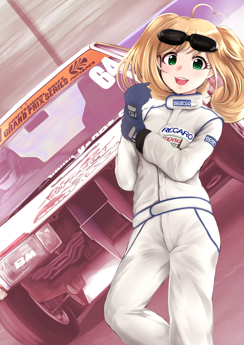 1girl, absurdres, blonde_hair, blue_gloves, bodysuit, car, cosplay, cowlick