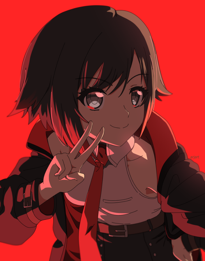 1girl, ar_jart, artist_name, belt, black_hair, closed_mouth, gradient_hair, grey_eyes