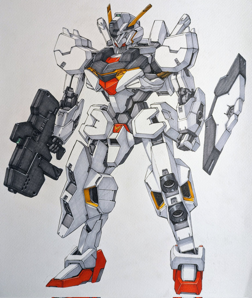 assault_visor, clenched_hand, eclogue.566, full_body, gun, gundam, gundam_lfrith, gundam_suisei_no_majo, highres, holding, holding_gun, holding_weapon, mecha, mobile_suit, no_humans, original, redesign, robot, traditional_media, weapon, white_background