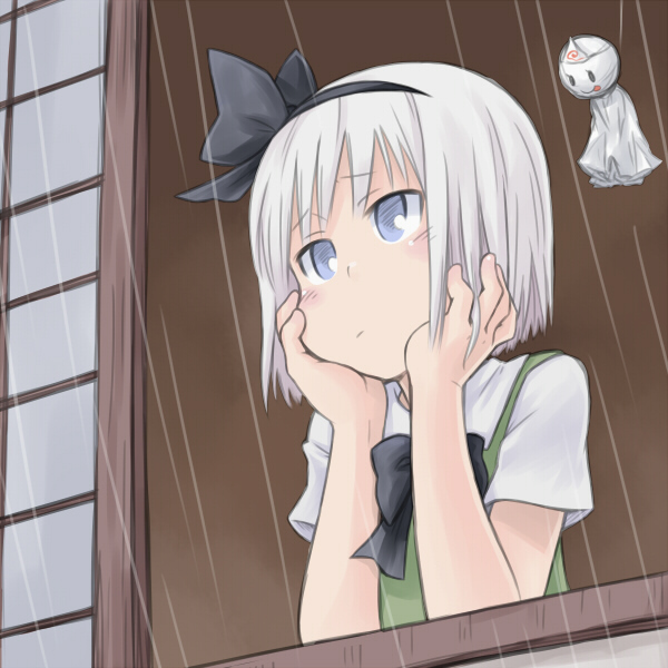 blue_eyes, bored, chin_rest, konpaku_youmu, myonde, rain, silver_hair, solo, teruterubouzu, touhou, triangular_headpiece, window, windowsill