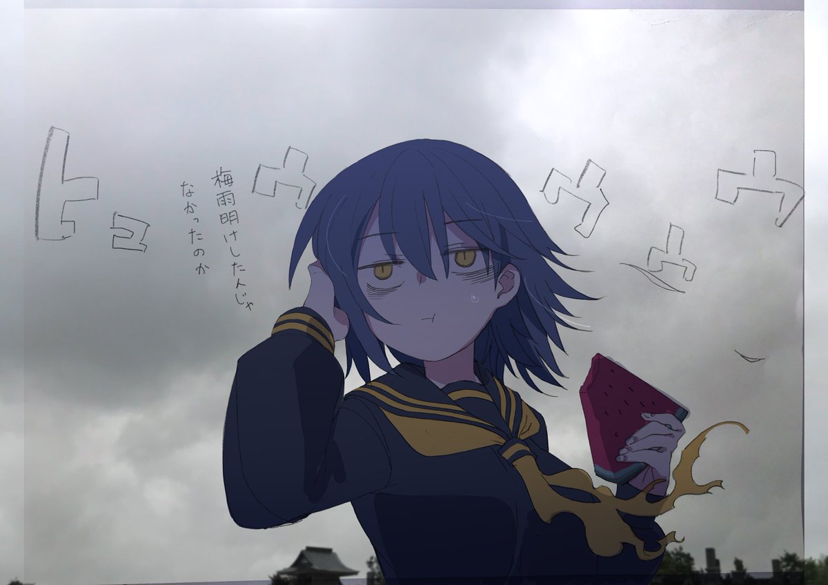 1girl, bags_under_eyes, black_serafuku, blue_hair, closed_mouth, commentary_request, day, eating, empty_eyes, floating_hair, food, fruit, full_mouth, hand_in_own_hair, holding, holding_food, jitome, kinako_(yugami_gooshu), long_sleeves, looking_ahead, medium_hair, neckerchief, original, outdoors, overcast, photo_background, sanpaku, school_uniform, serafuku, sky, slit_pupils, solo, sweatdrop, translation_request, transparent_border, upper_body, watermelon, watermelon_slice, wind, yellow_eyes, yellow_neckerchief, yugami_gooshu