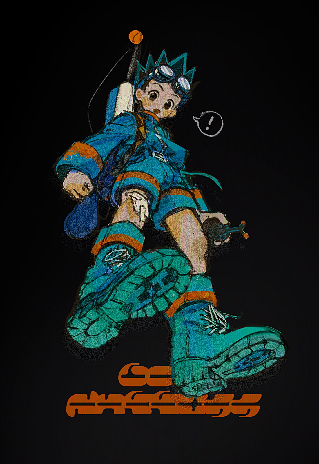 !, 1boy, arcobale_6, black_eyes, black_hair, blue_jacket, blue_shorts, boots, fishing_rod, full_body, goggles, goggles_on_head, gon_freecss, green_hair, highres, holding, hunter_x_hunter, jacket, long_sleeves, looking_at_viewer, male_focus, open_mouth, shorts, simple_background, solo, spiky_hair, spoken_exclamation_mark