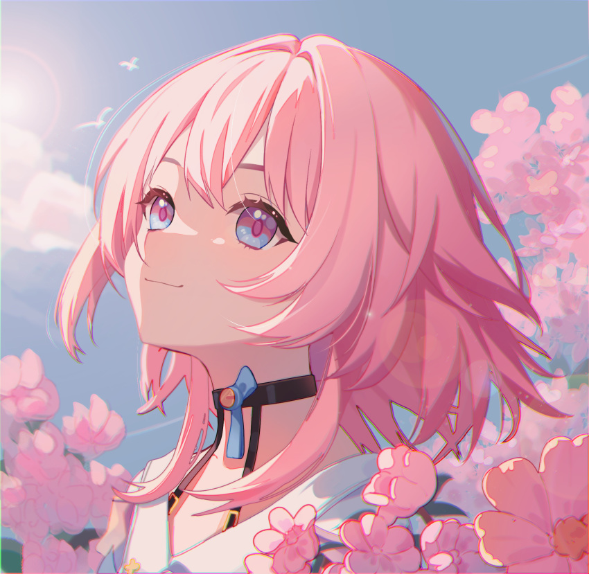 1girl, bird, black_choker, blue_eyes, blue_sky, blurry, bokeh, chinese_commentary
