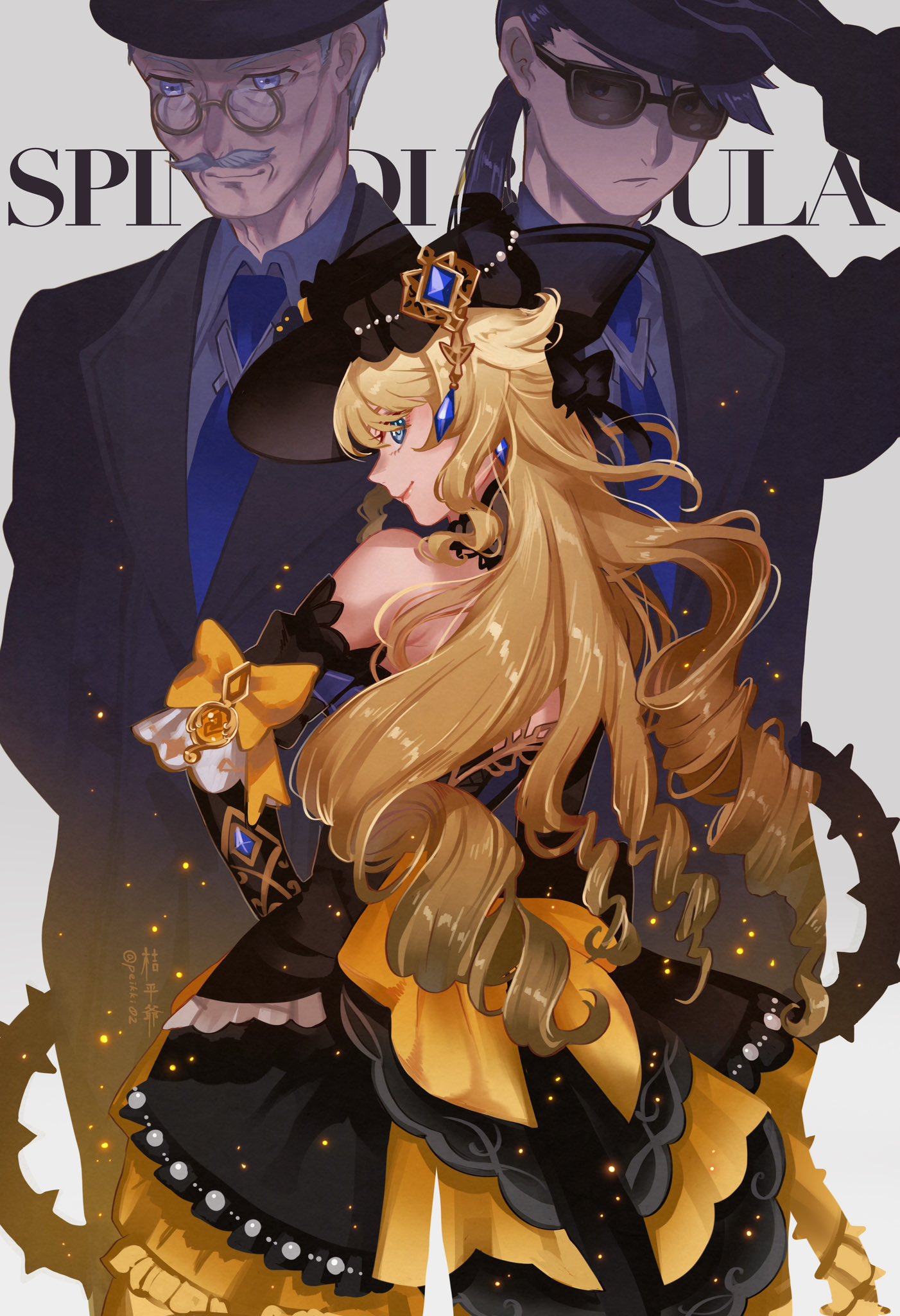 1girl, 2boys, black_bow, black_dress, black_headwear, black_jacket, blonde_hair, blue_eyes