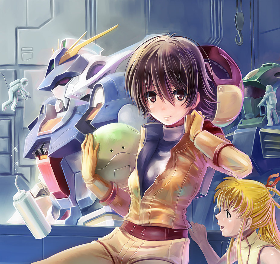 asuna_elmarit, blonde_hair, brown_eyes, brown_hair, ecole_du_ciel, gundam, hangar, haro, juna_(ecole_du_ciel), le_cygne, mecha, military, military_uniform, multiple_girls, nemo_(mobile_suit), pilot_suit, short_hair, spacesuit, uniform, water_bottle, yone