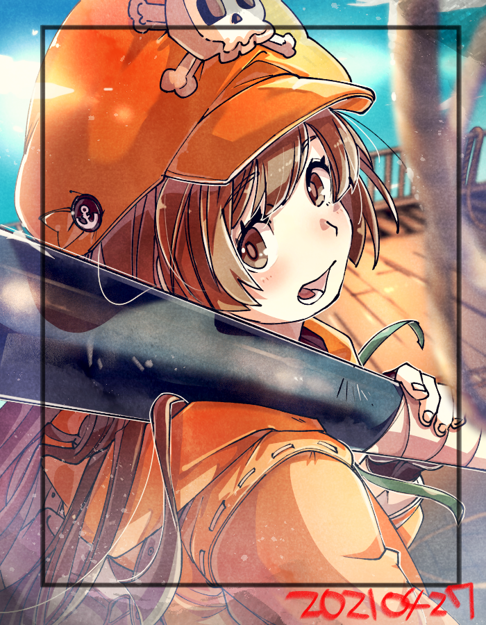1girl, anchor, blush, brown_eyes, cabbie_hat, dated, fingernails, green_ribbon