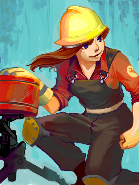 cherushii, female, genderswap, helmet, overalls, red_hair, redhead, sentry