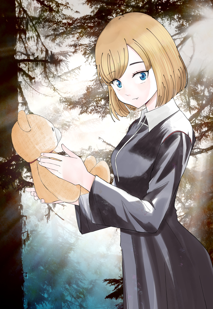 1girl, aria_(vampeerz), blonde_hair, blue_eyes, closed_mouth, fang, holding, holding_toy, photo_background, school_uniform, solo, stuffed_animal, stuffed_toy, takusijun77, teddy_bear, toy, tree, vampeerz