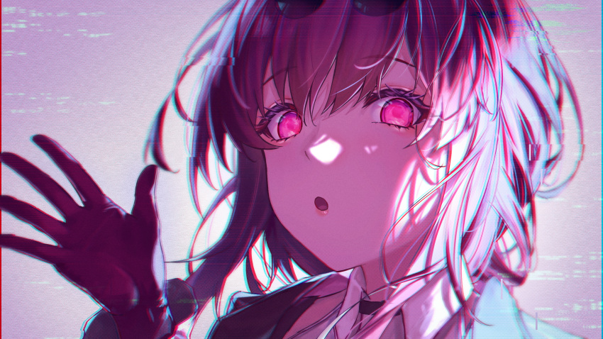 1girl, atychi, backlighting, black_choker, choker, collared_shirt, commentary, gloves