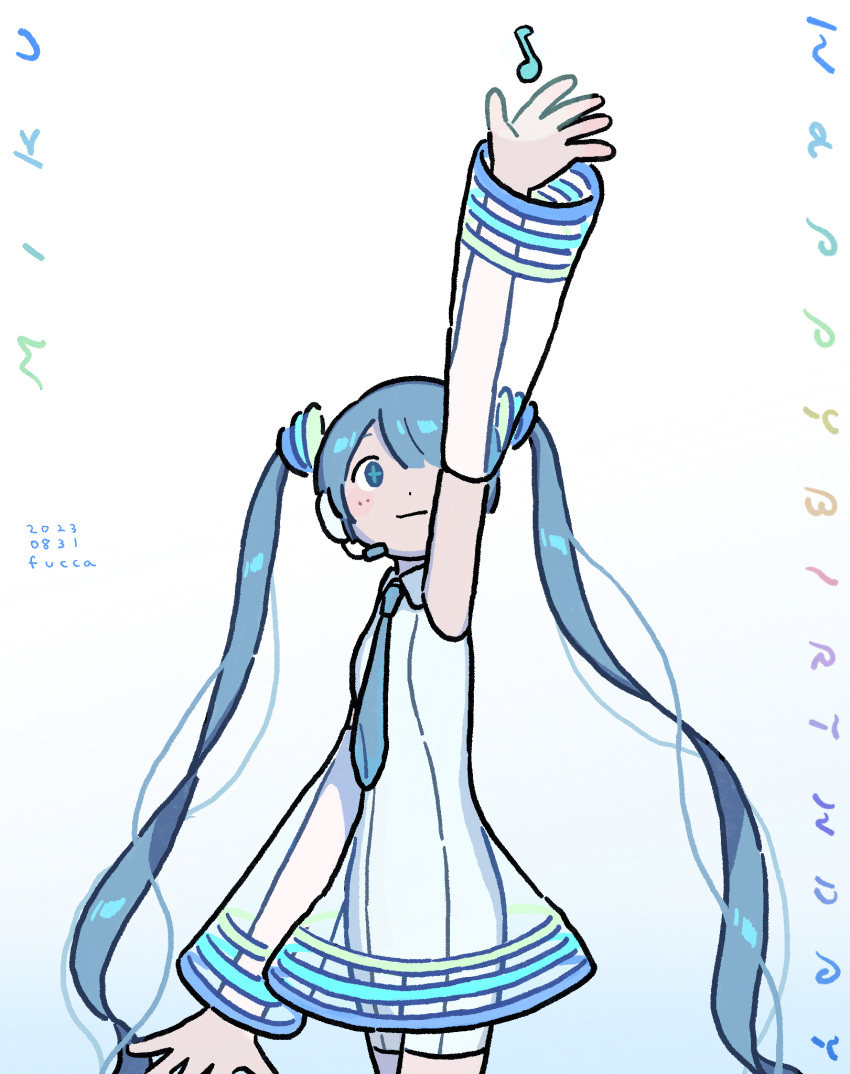 1girl, adapted_costume, arm_up, artist_name, blue_background, blue_eyes, blue_hair, blue_necktie