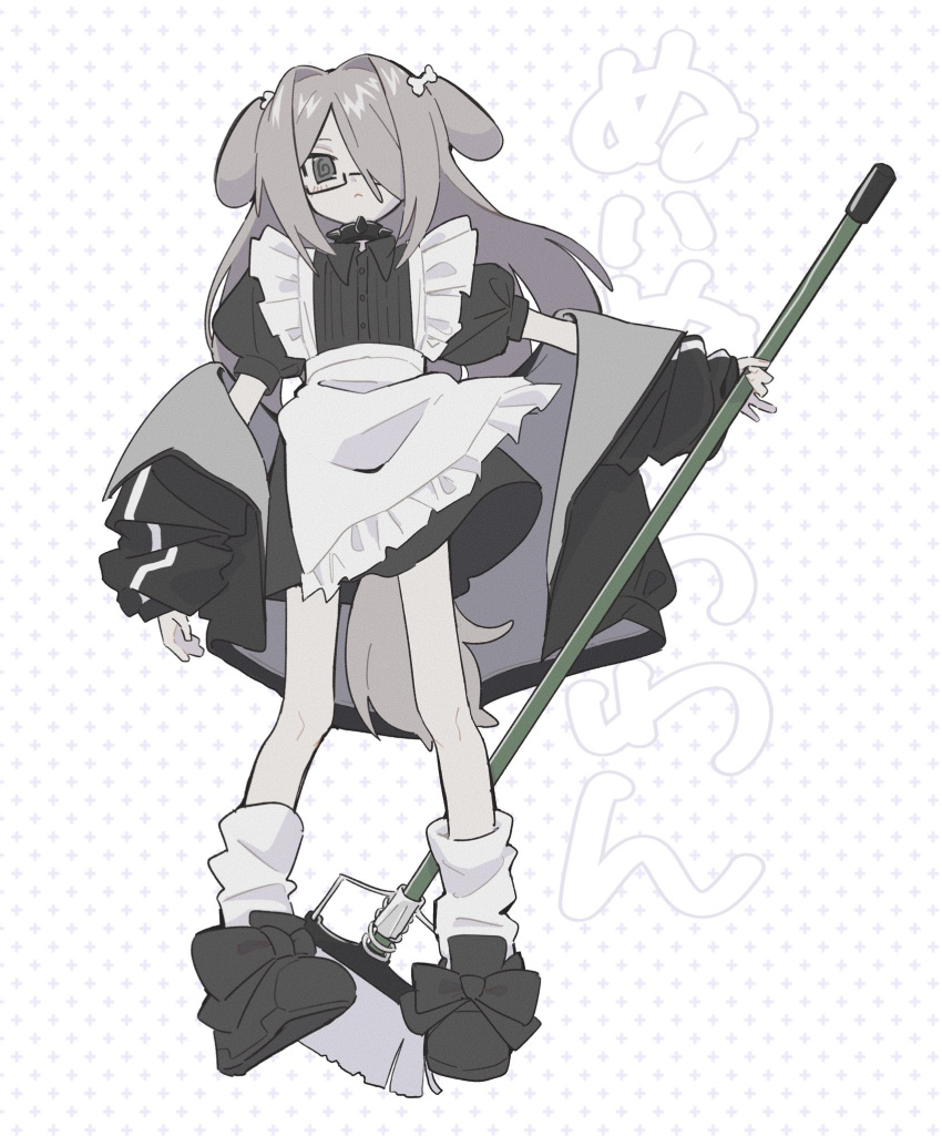 1girl, :<, @_@, animal_ears, apron, black_dress, black_footwear, black_jacket