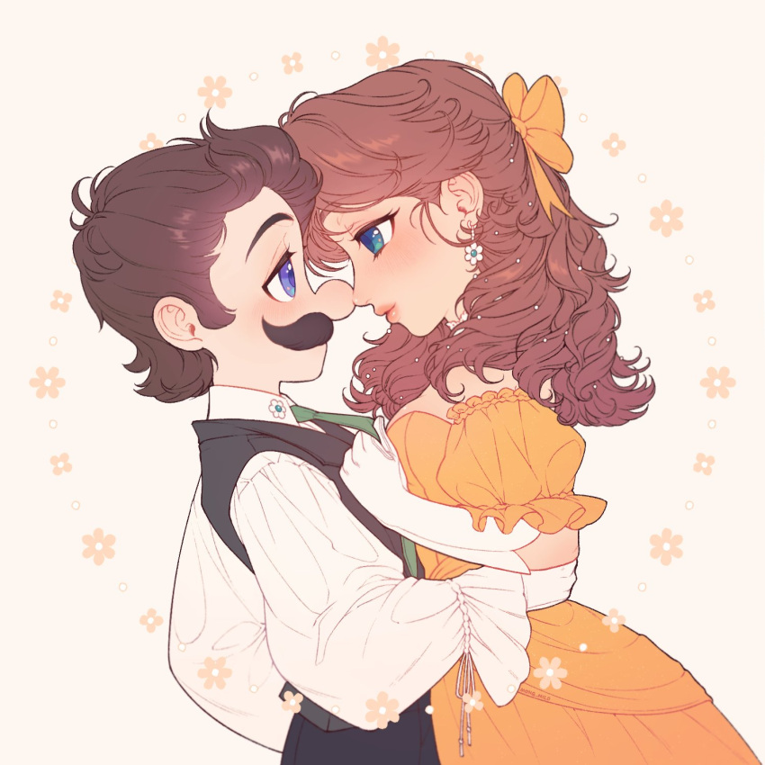 1boy, 1girl, alternate_costume, blue_eyes, bow, brown_hair, commentary, dress