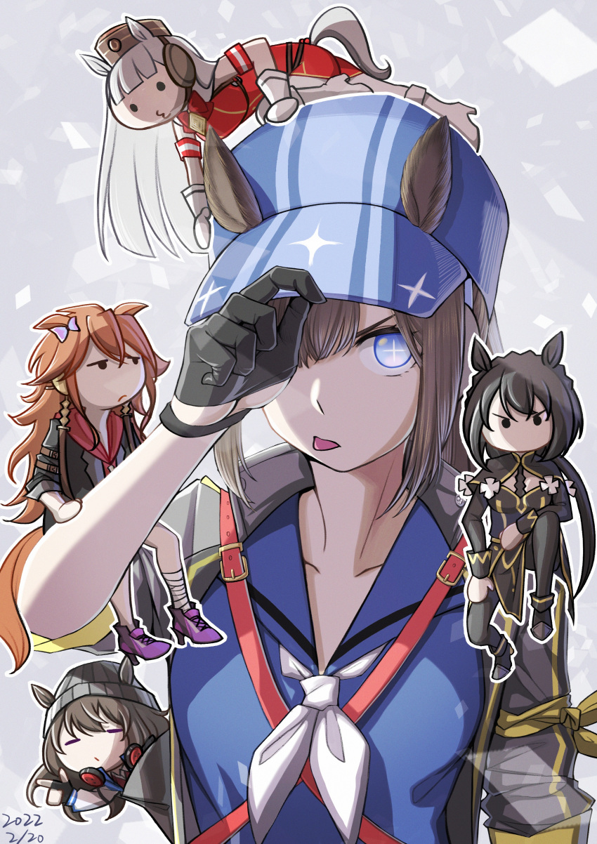 5girls, absurdres, animal_ears, armband, asymmetrical_bangs, bandana, bandana_around_arm, baseball_cap