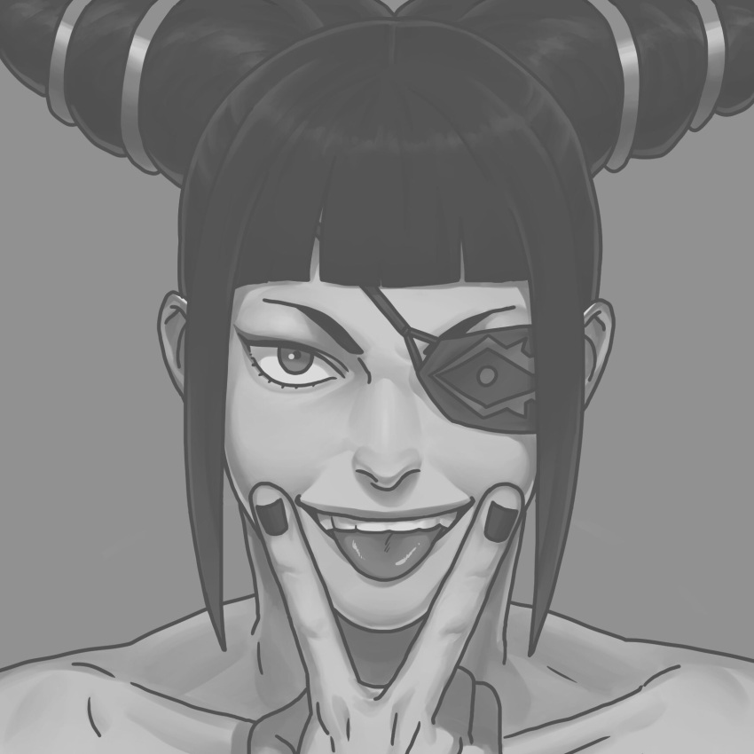 1girl, black_nails, broad_shoulders, copyright_request, drill_hair, efd, evil_smile, eyepatch