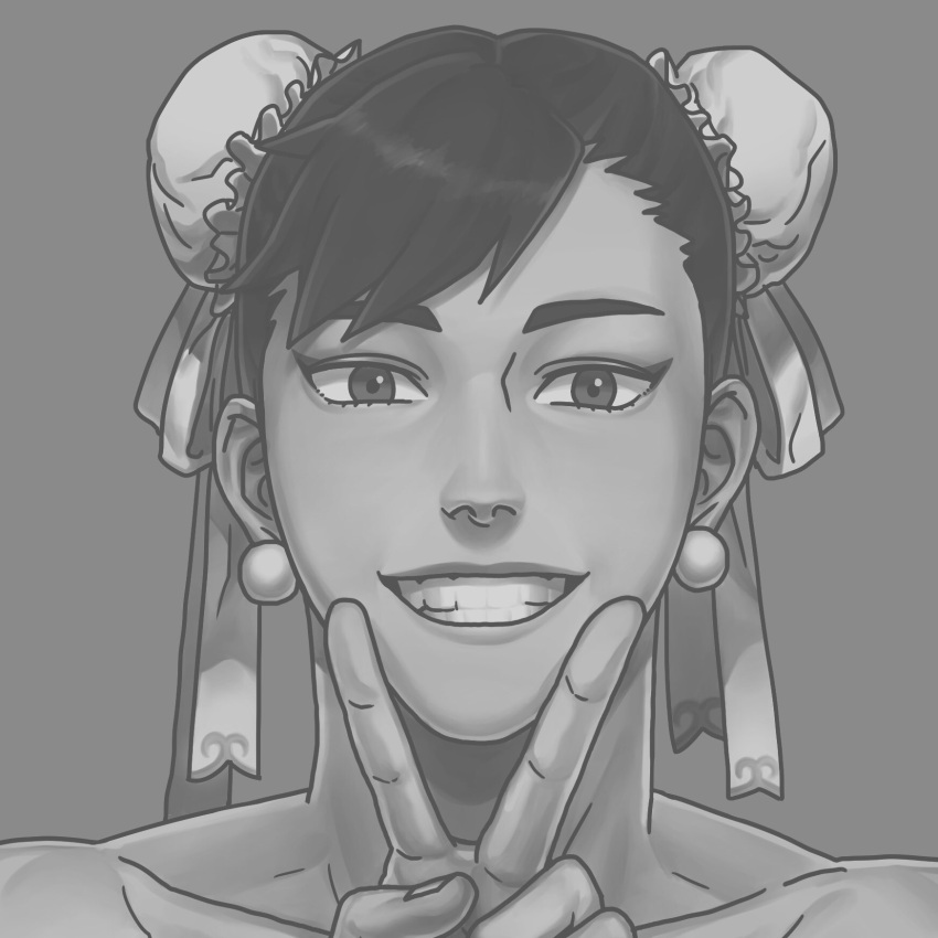 1girl, bare_shoulders, chun-li, copyright_request, double_bun, double_v, earrings, efd