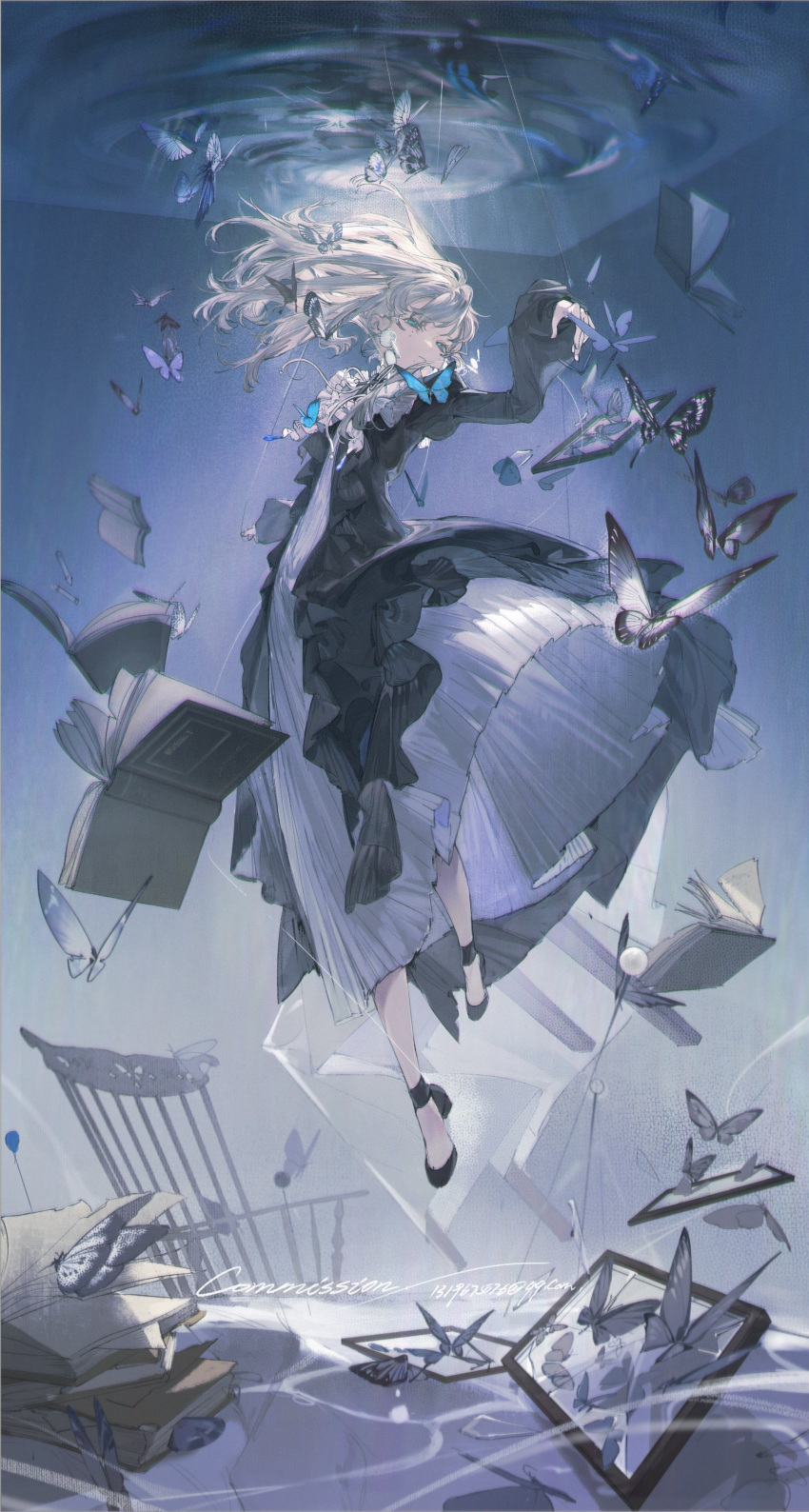 1girl, absurdres, black_dress, black_footwear, blue_butterfly, book, bow, bug