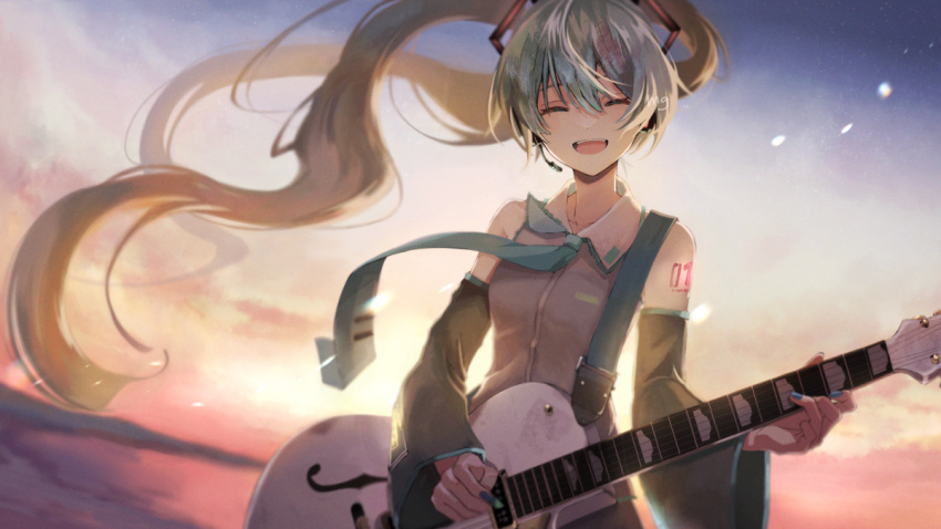 1girl, backlighting, bare_shoulders, black_sleeves, blue_hair, blue_nails, blue_necktie, blue_sky