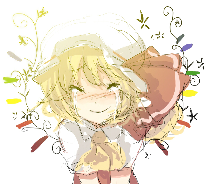 blonde_hair, cats_brain, closed_eyes, crying, face, flandre_scarlet, sketch, smile