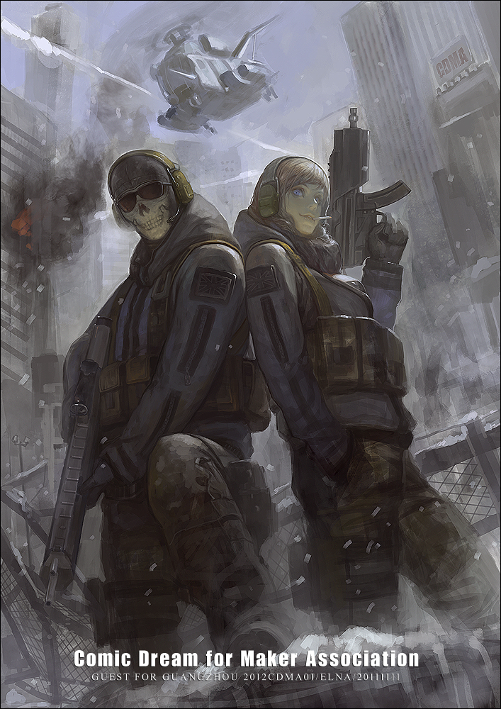1boy, 1girl, adaptive_combat_rifle, aircraft, artist_request, assault_rifle, call_of_duty, call_of_duty:_modern_warfare_2, camouflage, camouflage_pants, cigarette, city, cityscape, ghost_(modern_warfare_2), gloves, grey_hoodie, gun, h&amp;k_mp5, headset, helicopter, hood, hoodie, load_bearing_vest, looking_at_viewer, mask, military, military_jacket, military_uniform, military_vehicle, non-web_source, pants, radio, rifle, skull_mask, source_request, submachine_gun, sunglasses, tactical_clothes, task_force_141, uniform, union_jack, war, weapon
